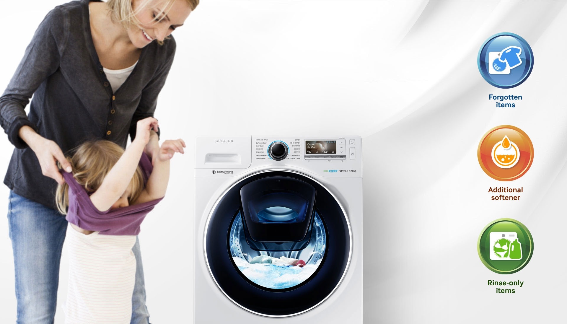An image of a woman taking off her child's clothes next to a WW8500 washing machine which is in the middle of a cycle.