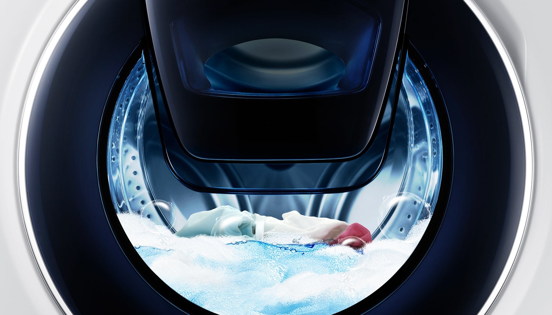 An image showing the WW8500's drum, as well as icons representing items the user has forgotten to add to the wash, and rinse-only items and fabric softener – all of which can be added via the Add Door.