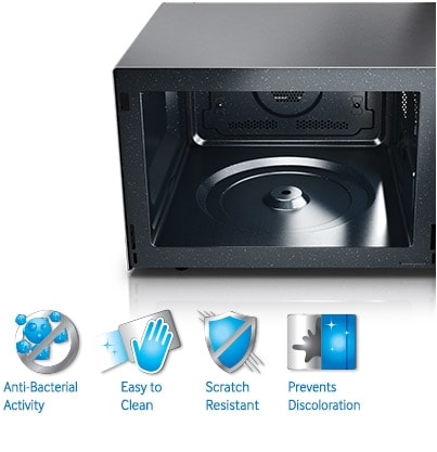 The Samsung F300G Microwave Oven's smooth, easily-cleaned ceramic interior