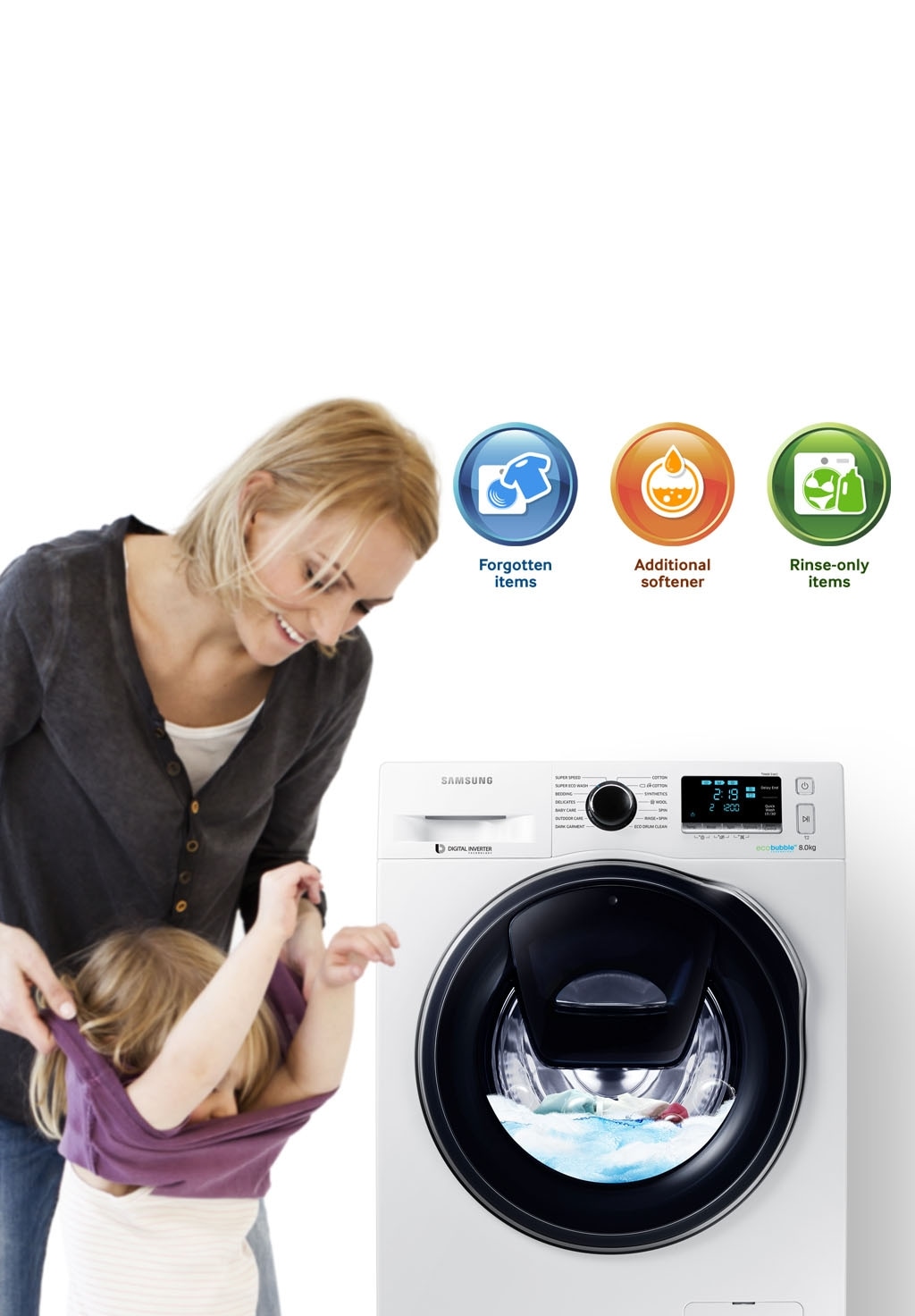 An image of a woman taking off her child's clothes next to a WW6500 washing machine which is in the middle of a cycle.