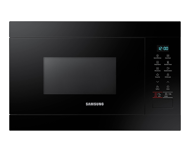 Front view of a black Samsung Built-In Solo Microwave