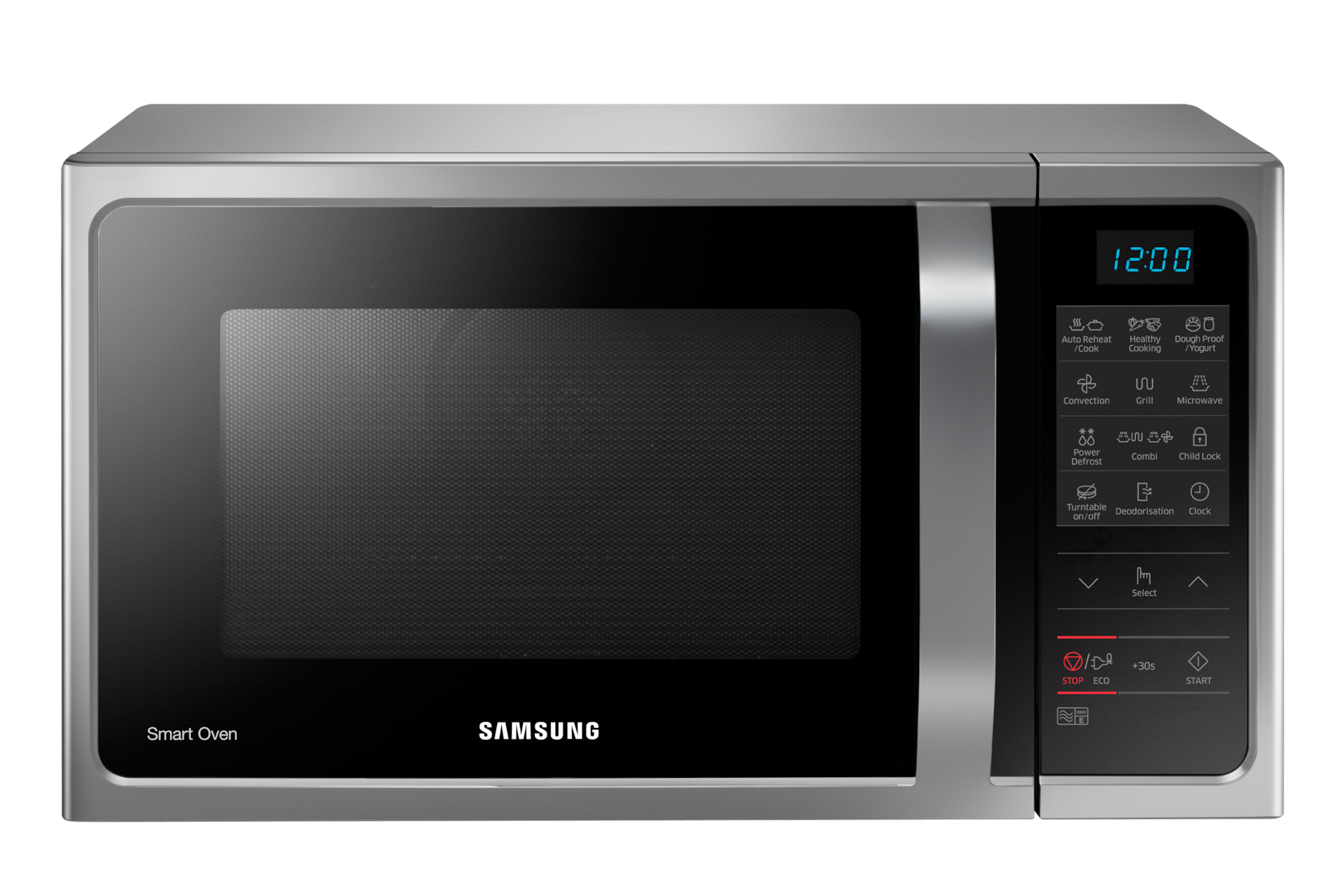 Front view of a silver Samsung Combination Microwave oven (28L model) with Dough-Proof / Yoghurt features