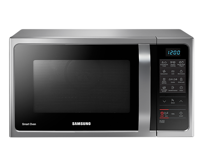 Front view of a silver Samsung Combination Microwave oven (28L model) with Dough-Proof / Yoghurt features