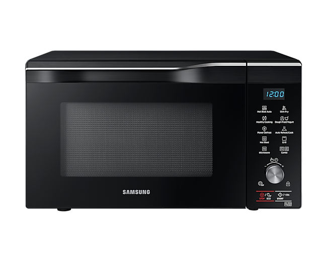 Front view of a black Samsung Combination Microwave oven (28L model) with HotBlast Technology