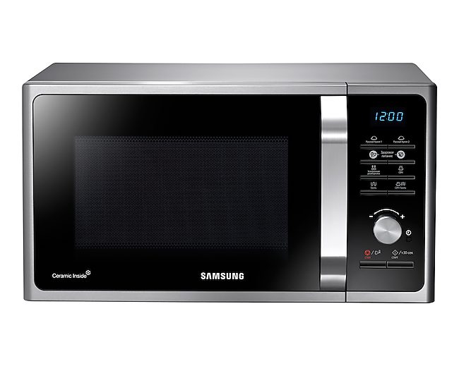 Front view of a silver Samsung Solo Microwave oven (23L model) with Healthy Cooking