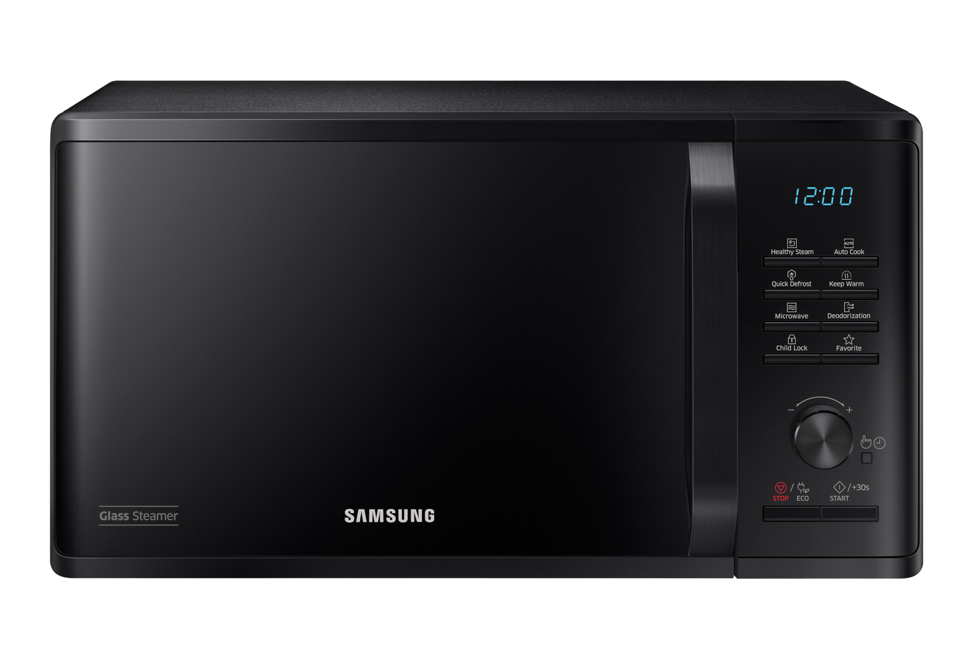 Front view of a black Samsung Solo Microwave oven with Health Steam
