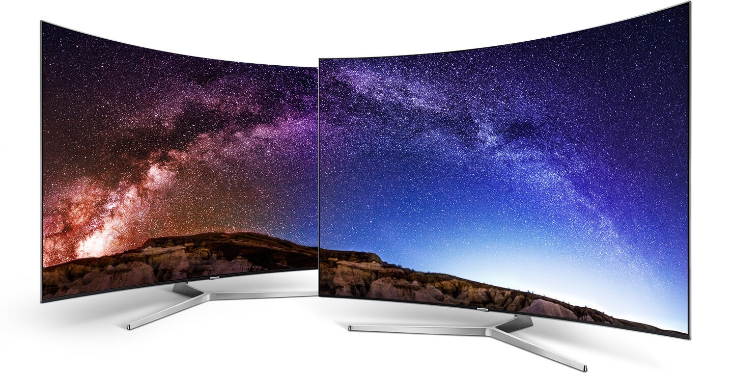 Two curved Samsung TV with beautiful aurora onscreen image