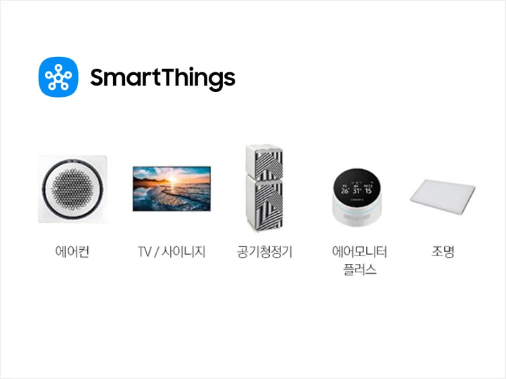 앱 하나로 매장기기 제어! SmartThings. 에어컨, TV/샤이니지, 공기청정기, 에어모니터 플러스, 조명.