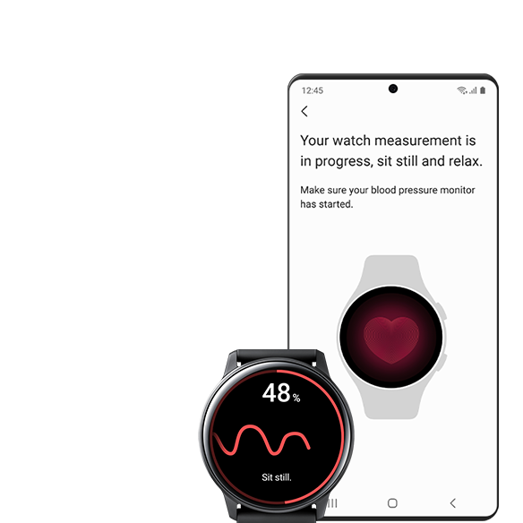 Samsung Health Monitor 앱과 커프형 혈압계를 연동하여 보정 과정을 진행하는 워치와 디바이스의 GUI 화면