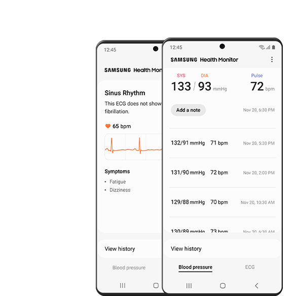 Samsung Health Monitor 앱의 측정 결과가 표시 된 워치의 GUI 화면