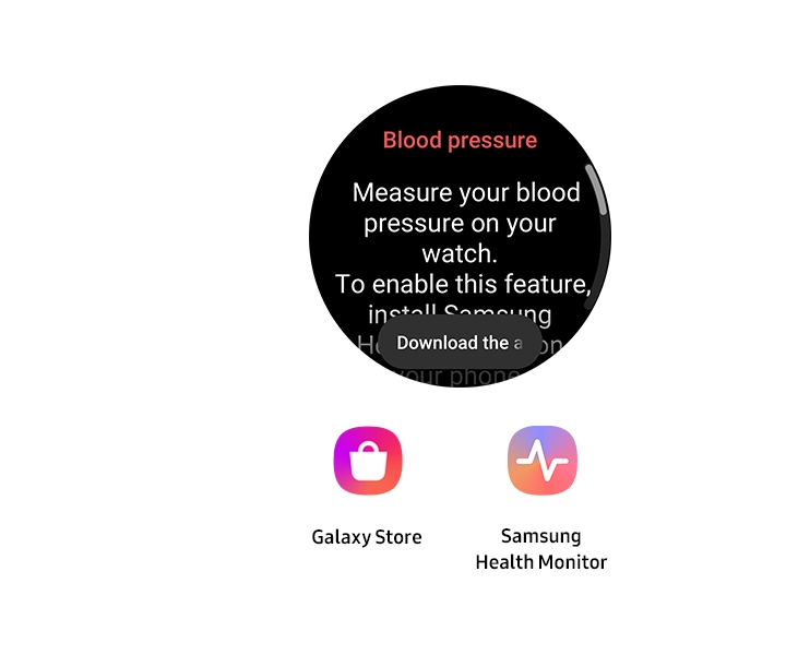 헬스 모니터 앱의 사용 준비 단계의 GUI화면과 Galaxy Store와 Samsung Health Monitor의 아이콘 이미지