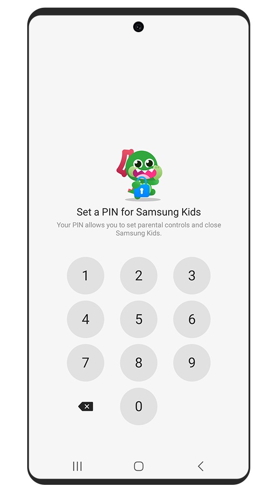 삼성 키즈 보안 화면의 4자리 PIN 설정을 위한 시뮬레이션 이미지.