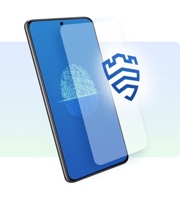 지문을 스캔하고 있는 스마트폰이 있습니다. 보호막과 Samsung Knox 로고가 함께 있고 보안을 상징합니다.