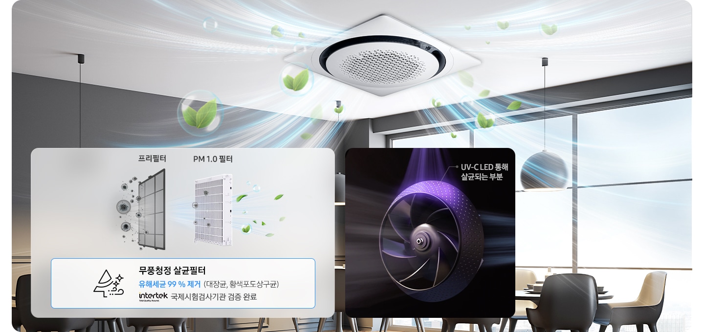 카페 천장에 360제품이 설치되어 있으며, 왼쪽 하단에 프리필터, PM1.0필터 이미지가 있습니다. 필터 이미지 하단으로는 무풍청정 살균필터 유해세균 99%제거 (대장균, 황색포도상구균) intertek 국제시험검사기관 검증 완료 라는 텍스트와 함께 로고가 있습니다. 우측에는 팬 이미지가 있고 상단 부분을 표기하여  UV-C LED 통해 살균되는 부분 이라고 표기되어 있습니다.카페 천장에 360제품이 설치되어 있으며, 왼쪽 하단에 프리필터, PM1.0필터 이미지가 있습니다. 필터 이미지 하단으로는 무풍청정 살균필터 유해세균 99%제거 (대장균, 황색포도상구균) intertek 국제시험검사기관 검증 완료 라는 텍스트와 함께 로고가 있습니다. 우측에는 팬 이미지가 있고 상단 부분을 표기하여  UV-C LED 통해 살균되는 부분 이라고 표기되어 있습니다.