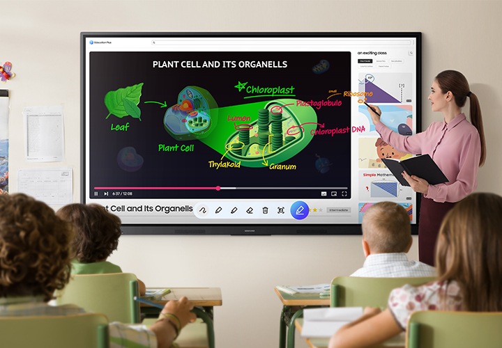 수업이 진행중인 교실의 모습입니다. 벽면에 설치된 전자칠판 WAF 시리즈를 통해 교과내용이 보여지고 있으며, 선생님이 교과내용을 화면에 필기하며 설명하고 있는 모습입니다.