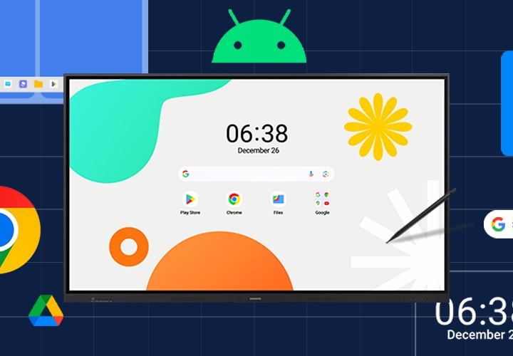 이미지 중앙에는 WAF 전자칠판의 화면이 보여지고 있으며, 디스플레이 안에는 안드로이드 기반의 UX 화면이 보여지고 있습니다.