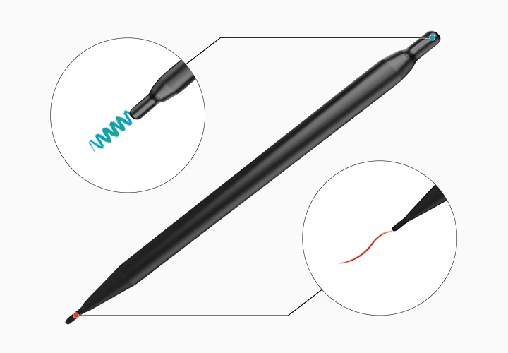 듀얼 펜이 있으며, 각각 양쪽 끝의 펜촉 부분을 확대하여 어떻게 사용되는지를 보여주고 있습니다.