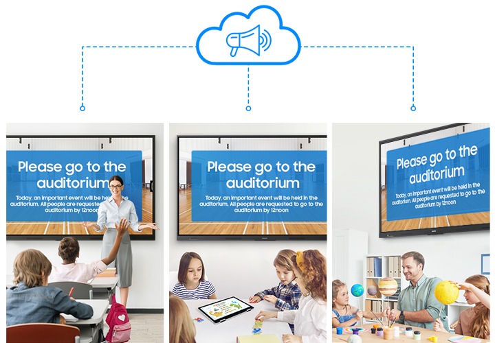 3개의 각기 다른 공간에 설치된 WAF 전자칠판을 통해 동시에 동일한 메시지를 전송하여 출력해 보여주고 있는 모습입니다.