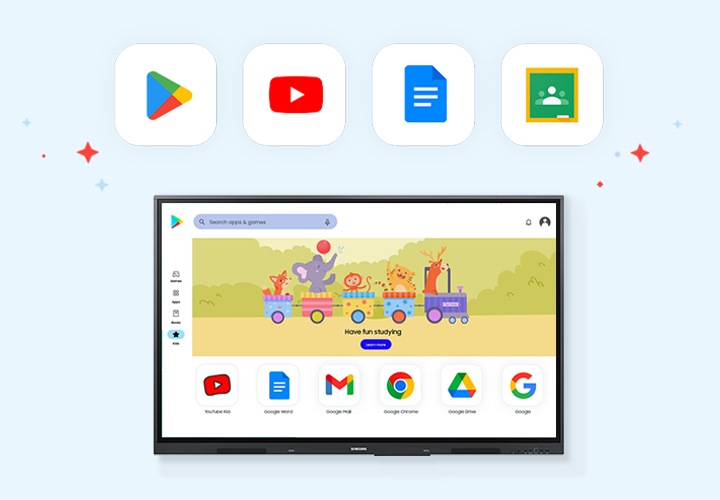 WAF 디스플레이 안에 다양한 구글 서비스 아이콘과 함께 어린이를 위한 앱 아이콘 등이 배치되어 보여지고 있습니다.