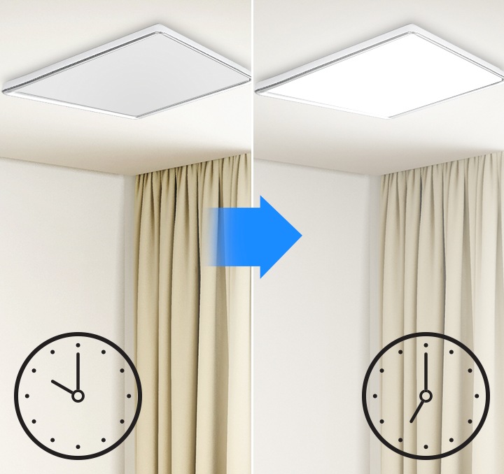 생체리듬 IoT 거실등이 설치된 천장과 그 아래에 바깥풍경을 보여주는 창문이 있습니다. 좌측 이미지는 창문밖 풍경이 밤이며, 그 위로 밤10시를 가리키는 시계 아이콘이 있습니다. 거실등은 꺼져있습니다. 우측 이미지는 창문밖 풍경이 낮이며, 그 위로 아침 7시를 가리키는 시계 아이콘이 있습니다. 거실등이 켜져 있습니다.