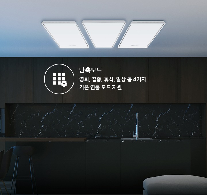 어두운 거실 천장에 생체리듬 IoT 거실등가 설치되어 있는 모습입니다. 이미지의 우측 중앙에는 단축모드 아이콘과 함께 단축모드 영화, 집중, 휴식, 일상 총 4가지 기본 연출모드 지원 이라고 표기되어 있습니다.