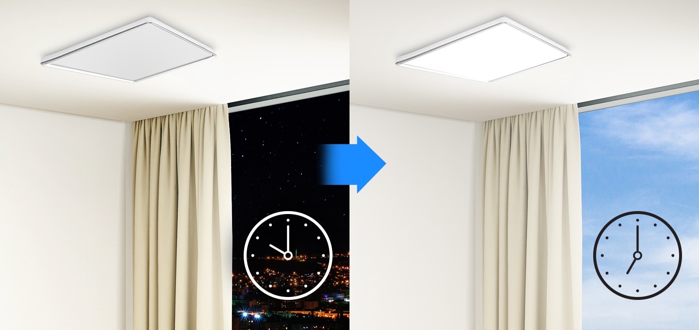 생체리듬 IoT 거실등이 설치된 천장과 그 아래에 바깥풍경을 보여주는 창문이 있습니다. 좌측 이미지는 창문밖 풍경이 밤이며, 그 위로 밤10시를 가리키는 시계 아이콘이 있습니다. 거실등은 꺼져있습니다. 우측 이미지는 창문밖 풍경이 낮이며, 그 위로 아침 7시를 가리키는 시계 아이콘이 있습니다. 거실등이 켜져 있습니다.