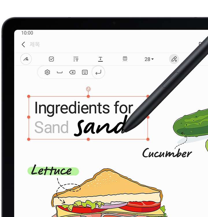 S펜으로 작성한 필기가 텍스트로 변환되는 모습입니다. 삼성 노트에 오이와 샌드위치가 그려져 있습니다. S펜으로 Sand를 쓰고 있습니다. Sand라는 단어가 텍스트로 인식되어 텍스트로 변환된 이미지가 보입니다.