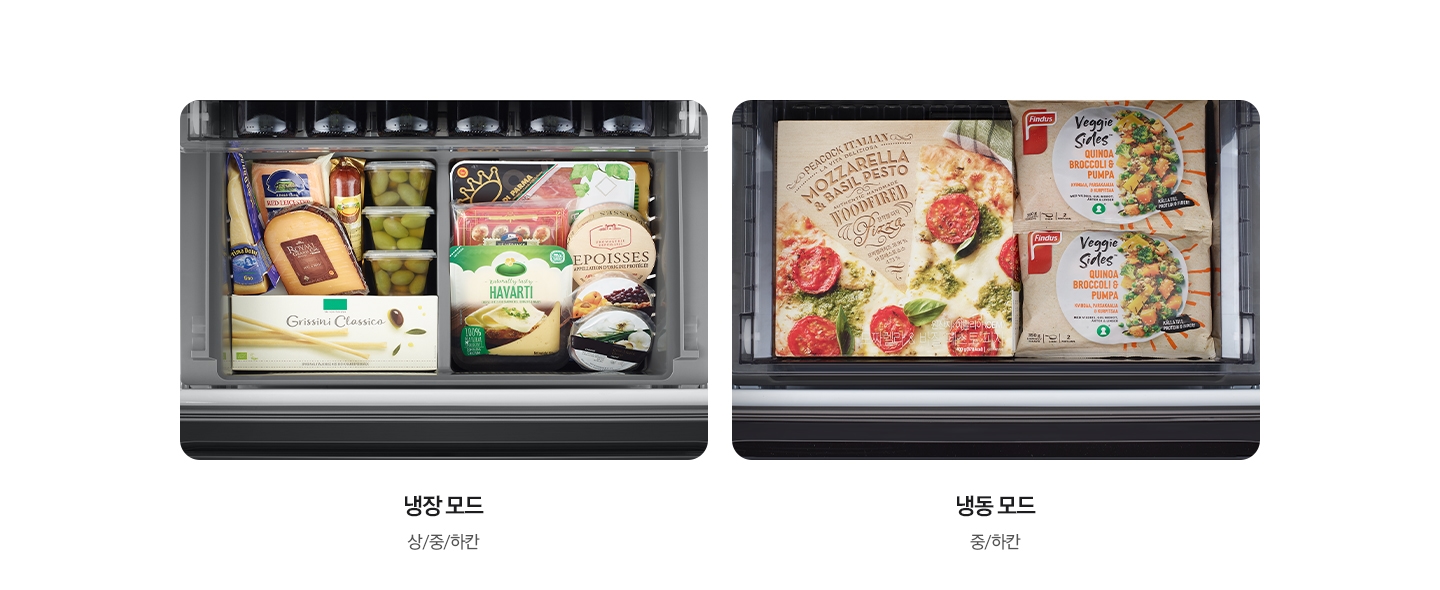 좌측부터 냉장고 안에 치즈 등이 들어있는 이미지와 냉장모드 상/중/하칸 텍스트, 냉장고 안에 냉동식품이 들어있는 이미지와 냉동 모드 중/하칸 텍스트가 있습니다.
