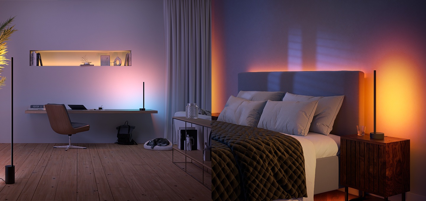 휴 그라디언트 사인 테이블 조명이 켜져 있습니다.