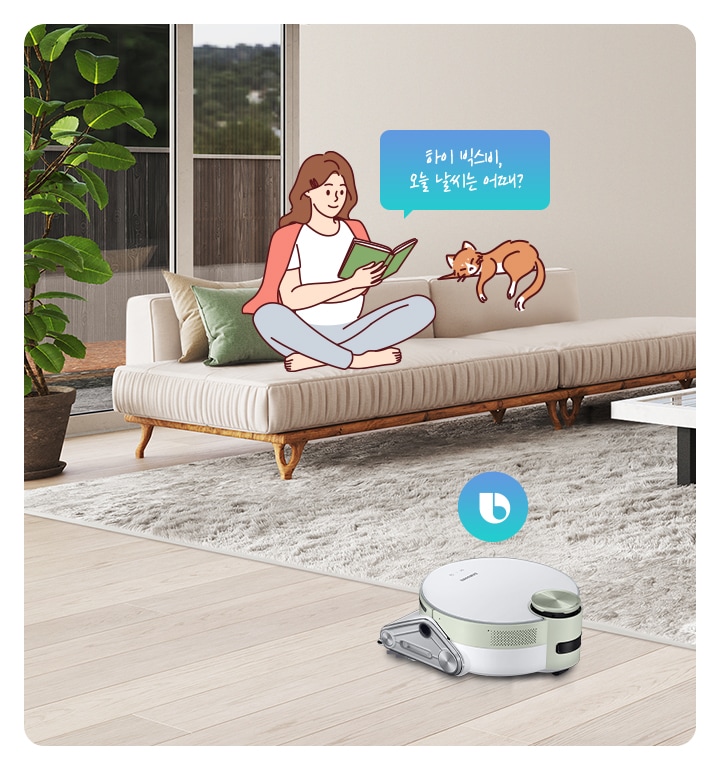 왼쪽엔 키카 큰 식물이 있고 창이 넓은 거실 소파 위에 가디건을 걸친 여자가 책을 보며 앉아있고 그 옆엔 고양이가 있습니다. 여자가 바라보는 방향에는 BESPOKE 제트봇 AI가 있습니다.