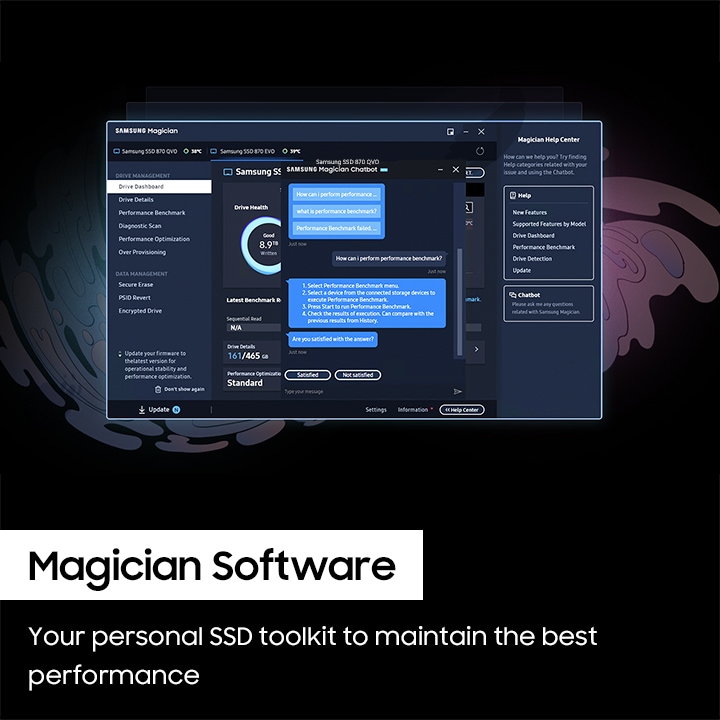 삼성 매지션 소프트웨어 6.0의 UI가 보이며, 지속적인 SSD와 드라이브 상태를 모니터링하여 쉽게 관리 할 수 있는 것을 보여주는 이미지입니다.