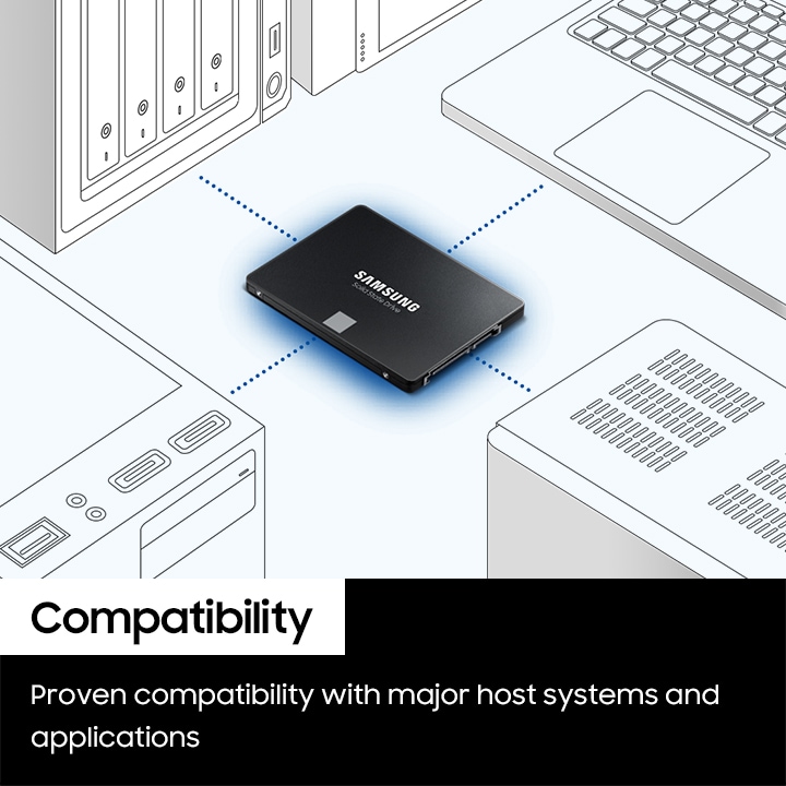 노트북, PC, NAS의 일러스트가 중심에 누워 있는 내장 SSD 제품 이미지를 중심으로 시계방향으로 나열해 있으며 각각 파란색상의 점으로 직선을 그려 이어져 있습니다.