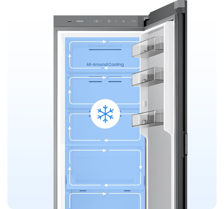냉장고 문이 열려있으며, 안에 칸마다 음식이 놓여져 있습니다. 칸에 각각 멀티 냉각 시스템을 나타내는 인포그래픽이 보여집니다.