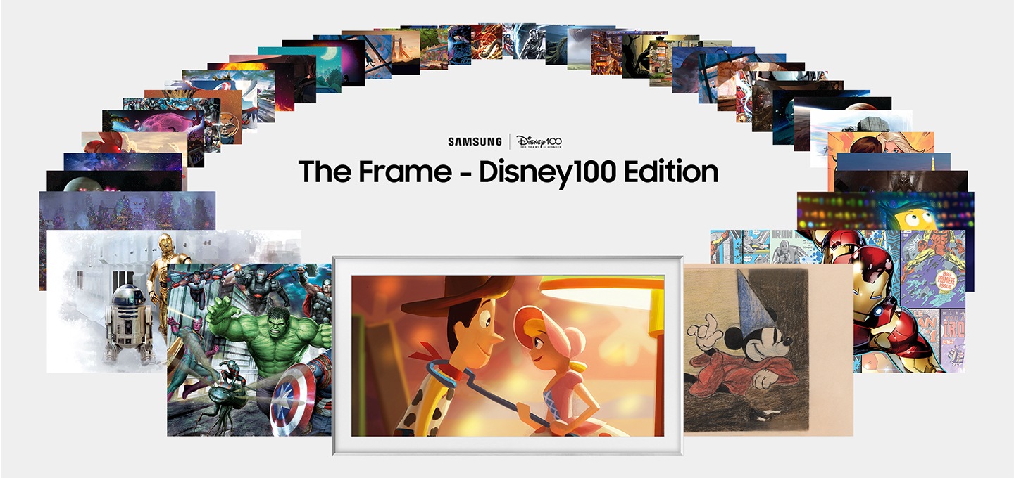 아트 스토어를 통해 The Frame의 디즈니100 에디션에 소개된 다양한 디즈니 작품들이 보여집니다.