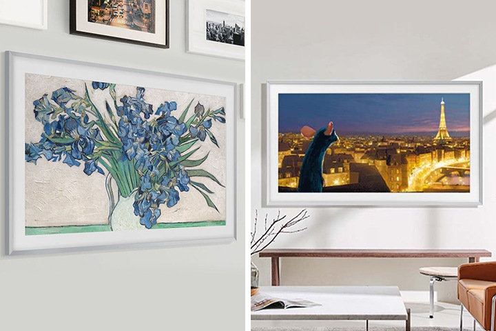 좌측 : 액자들 사이에 화병 속 파란 꽃이 담겨 있는 이미지가 노출되는 The Frame 걸려 있습니다. 우측 : 거실에 흰색 배경으로 된 벽에 The Frame이 결려 있으며, 스크린에는 영화 '라따뚜이'의 한 장면이 보여지고 있습니다.