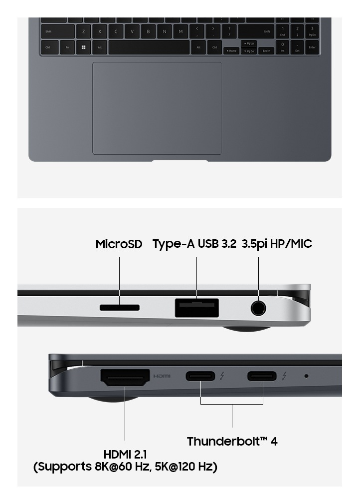 상단 이미지는 문스톤 그레이 색상의 갤럭시 북4 Pro 360의 터치 패드 및 키보드 영역을 클로즈업한 모습입니다. 하단 이미지는 플래티넘 실버 1개와 문스톤 그레이 색상의 갤럭시 북4 Pro 360 장치 1개가 가로로 나란히 배치되어 왼쪽과 오른쪽 측면에 각각 놓여있습니다. 각자의 포트 레이아웃을 강조하는 이미지이며, 포트에는 HDMI 2.1(60Hz에서 8K, 120Hz에서 5K 지원), Thunderbolt 4, MICRO SD, TYPE-A USB 3.2. 3.5PI HP/MIC라는 라벨이 붙어 있습니다. 