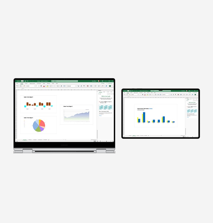 갤럭시 북4 Pro 360의 화면에는 Microsoft Excel 스프레드 시트가 열려 있고, 갤럭시 탭 S9 Ultra의 화면은 복제되어 세컨드 스크린을 통한 듀얼 모니터 경험을 강조하고 있습니다.
