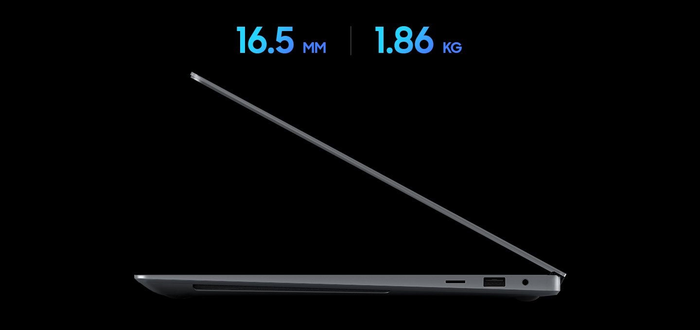 문스톤 그레이 색상의 갤럭시 북 4 Ultra는 측면에서 반쯤 열려 있어 세련된 노트북 디자인을 강조합니다. 갤럭시북4 Ultra의 두께는 16.5 mm, 무게는 1.86 kg임을 나타내고 있습니다.