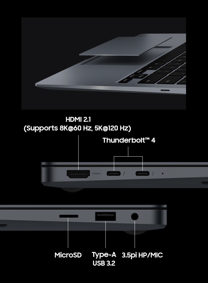 좌측 이미지는 두 개의 갤럭시 북4 Ultra 장치를 수평으로 놓고 포트 레이아웃을 강조합니다. 포트에는 HDMI 2.1(60Hz에서 8K 지원, 120Hz에서 5K 지원), Thunderbolt 4, Micro SD, TYPE-A USB 3.2. 3.5PI HP/MIC라는 라벨이 붙어 있습니다. 우측 이미지에는 터치패드가 노트북 위에 떠 있는 상태에서 갤럭시 북4 Ultra의 터치패드와 키보드 영역을 측면에서 클로즈업한 모습입니다.