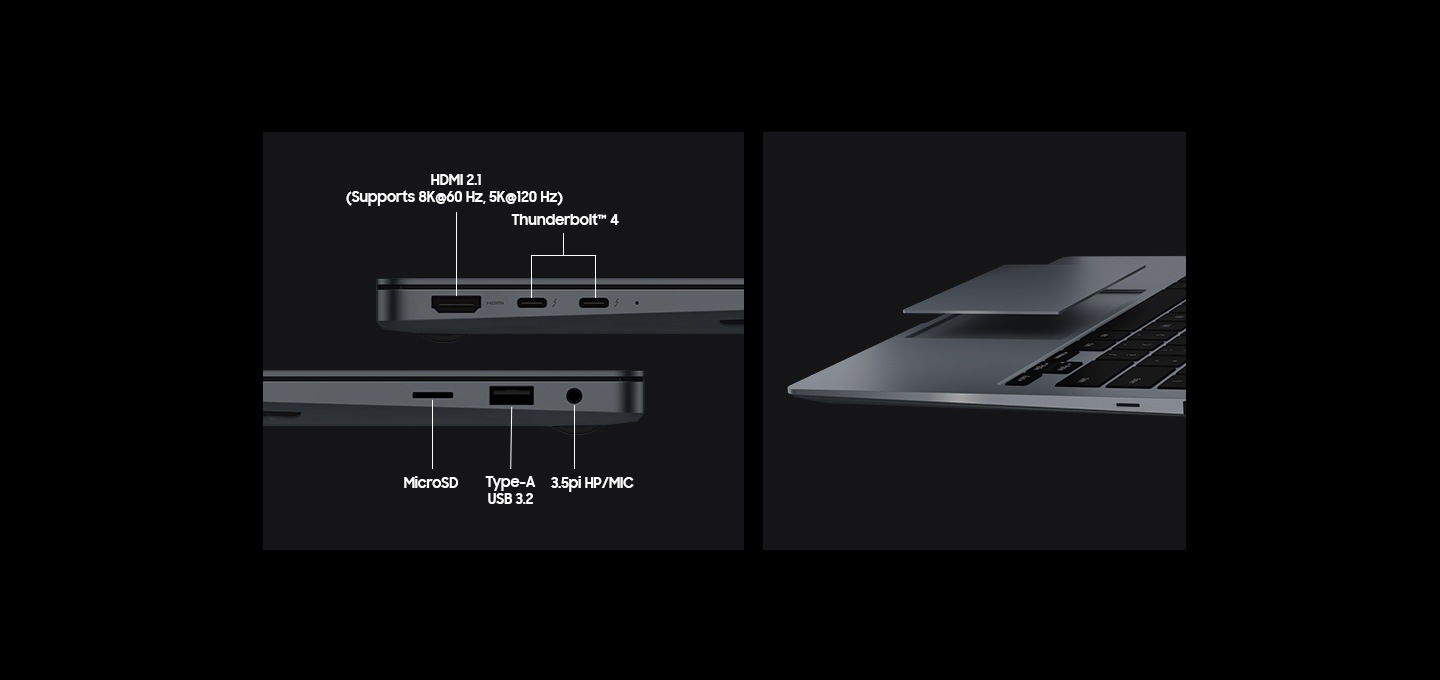 좌측 이미지는 두 개의 갤럭시 북4 Ultra 장치를 수평으로 놓고 포트 레이아웃을 강조합니다. 포트에는 HDMI 2.1(60Hz에서 8K 지원, 120Hz에서 5K 지원), Thunderbolt 4, Micro SD, TYPE-A USB 3.2. 3.5PI HP/MIC라는 라벨이 붙어 있습니다. 우측 이미지에는 터치패드가 노트북 위에 떠 있는 상태에서 갤럭시 북4 Ultra의 터치패드와 키보드 영역을 측면에서 클로즈업한 모습입니다.