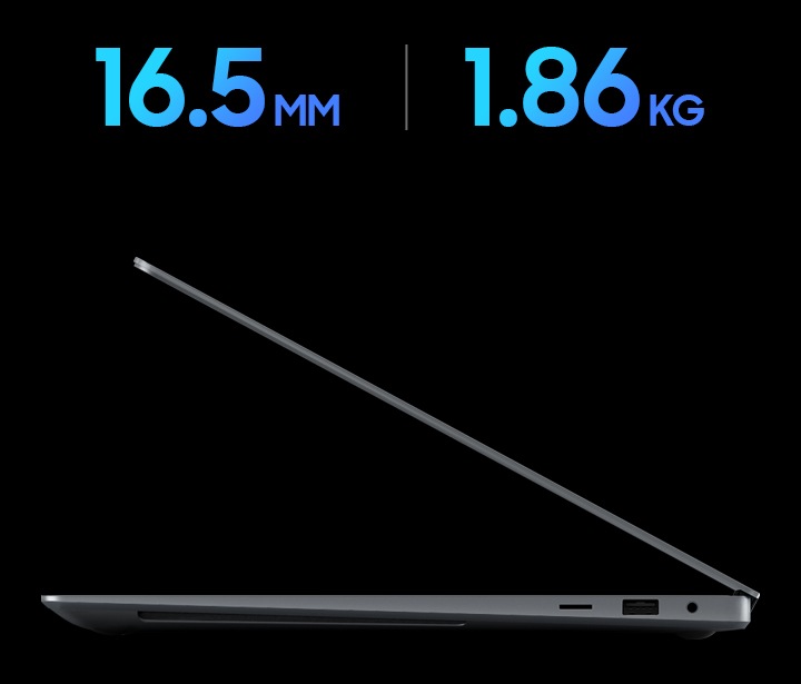 문스톤 그레이 색상의 갤럭시 북 4 Ultra는 측면에서 반쯤 열려 있어 세련된 노트북 디자인을 강조합니다. 갤럭시북4 Ultra의 두께는 16.5 mm, 무게는 1.86 kg임을 나타내고 있습니다.