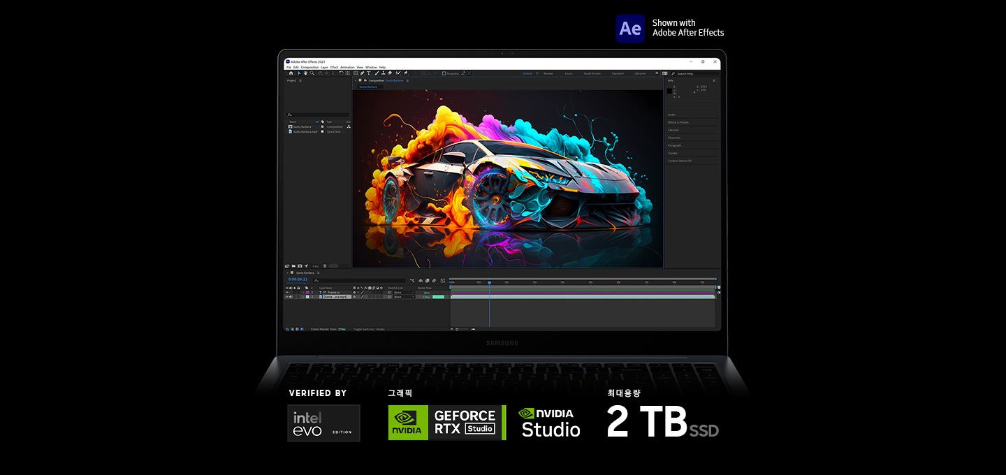갤럭시 북4 Ultra가 열려 있고 Adobe After Effects 앱에서 편집할 수 있도록 다채로운 콘텐츠가 화면에 열려 있는 상태로 앞쪽을 향하고 있습니다. Adobe After Effects, NVIDIA GEFORCE RTX Studio 그래픽, NVIDIA Studio 로고가 표시되어 있고,Intel Evo 인증 로고도 표시되어 있습니다.