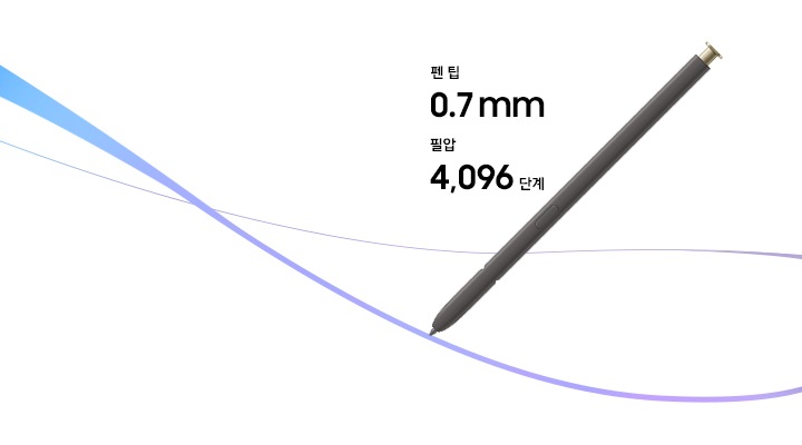 S펜이 그은 선을 따라, '0.7 mm 펜 팁'과 '4,096 필압 단계'라고 쓰여진 텍스트가 위치해 있습니다. S펜의 정교함과 정확하고 부드러운 필기감 등을 강조하는 이미지입니다.