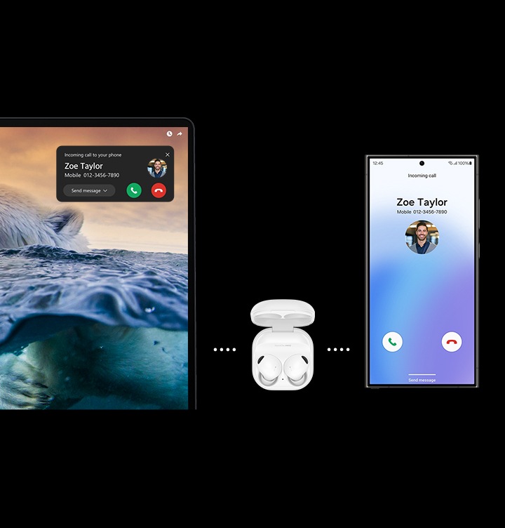 갤럭시 버즈2 프로는 갤럭시 북4 Ultra 및 갤럭시 S24 Ultra와 페어링됩니다. 유튜브 영상 콘텐츠가 전체 화면으로 재생되는 동안 갤럭시 S23 Ultra에서는 전화 수신 화면이, 갤럭시 북4 Ultra에서는 전화 알림이 표시되어 있습니다. 갤럭시 버즈2 프로 오디오는 노트북과 스마트폰 간에 자동으로 전환됩니다.