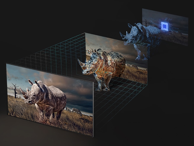 TV의 45도 측면 제품컷이 보이고 화면에는 코뿔소가 합성되어 있습니다. 뒤쪽으로는 3차원의 모형을 보여주는 이미지가 합성되어 있습니다.