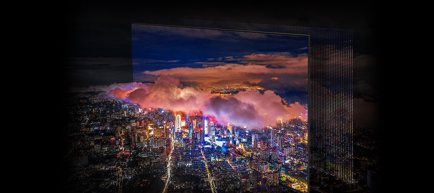 TV 정면 이미지가 보이고, 화면 속 도시의 야경과 화면 밖 도시의 야경이 경계선 없이 선명하게 보여지는 듯한 모습입니다.