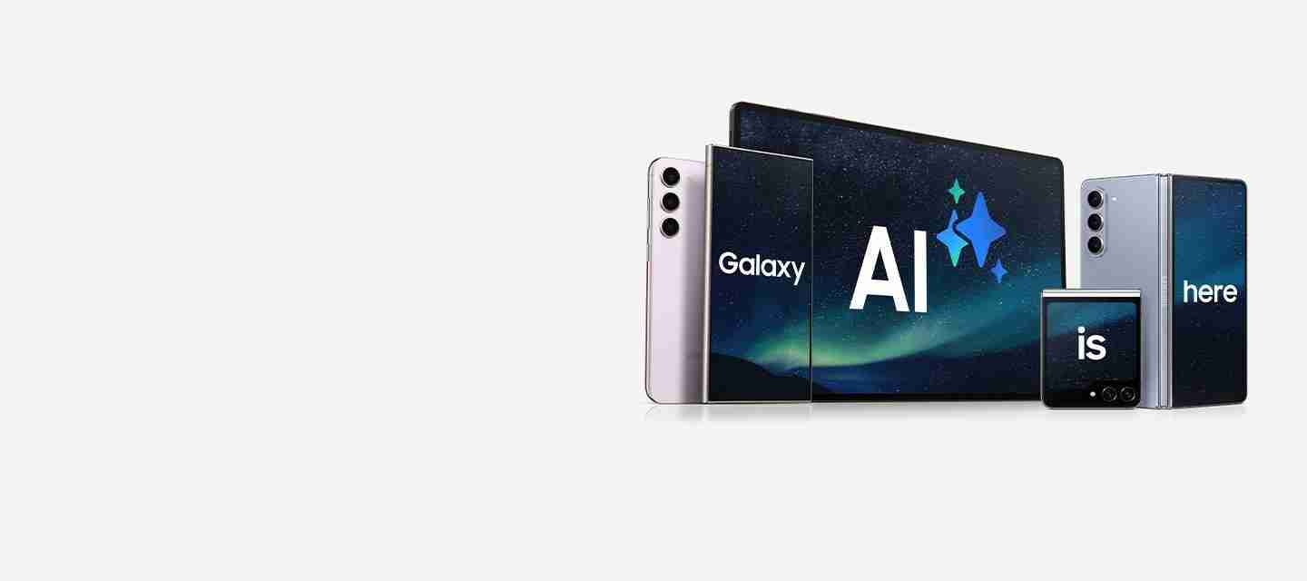갤럭시 S24, 갤럭시 S24 Ultra, 갤럭시 탭 S9, 갤럭시 Z 플립5 및 갤럭시 Z 폴드5를 포함한 다양한 갤럭시 기기 화면에 'Galaxy AI is here'가 적혀 있습니다.