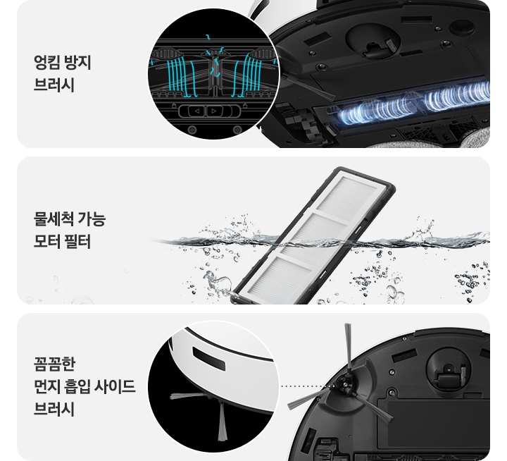 가장 왼쪽에는 BESPOKE 스팀의 하단부가 보이고 회전 중인 브러시가 보입니다. 상단에는 엉킴 방지 그라인더 브러시 문구와 브러시의 상세한 모습이 확대되어 보입니다. 가운데에는 물세척 중인 모터 필터가 보이고 물세척 가능 모터 필터라는 문구가 적혀 있습니다. 가장 오른쪽에는 BESPOKE 스팀의 사이드 브러시 부분이 확대되어 보입니다. 꼼꼼한 먼지 흡입 사이드 브러시 라는 문구가 적혀 있습니다.