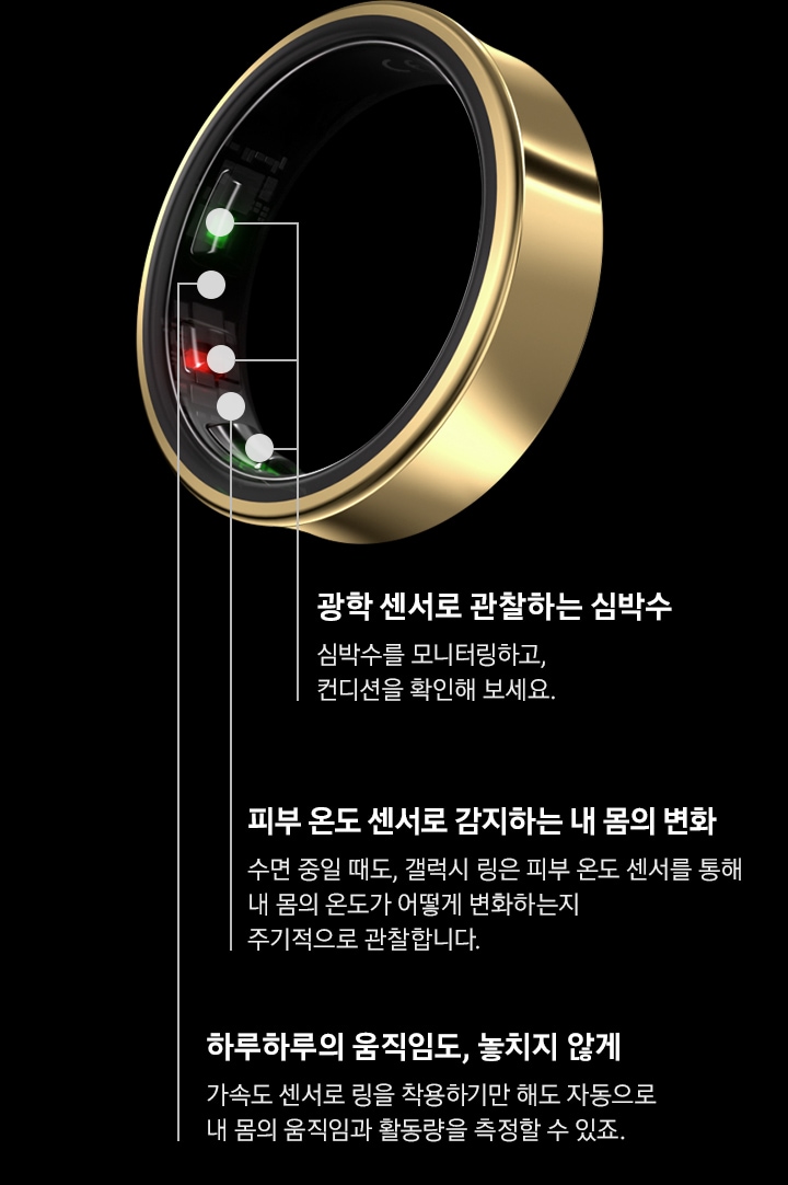 갤럭시 링이 정면을 향하고 있습니다. 3개의 센서를 강조하기 위해 다양한 각도로 비틀어지고 돌아갑니다.