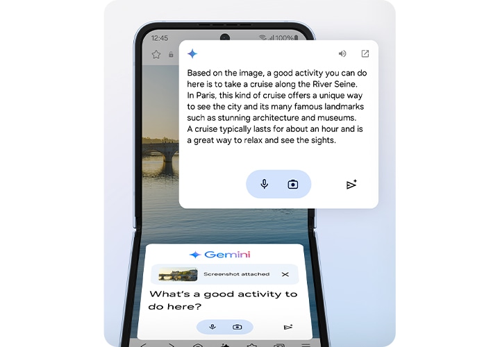 Google Gemini 로고. Google Gemini에 스크린샷을 첨부하여 질문합니다. '여기서 하면 좋은 활동이 뭐냐'고 물으면 Gemini는 스크린샷의 내용을 설명하는 답변을 내놓고 가장 좋은 활동을 추천합니다.